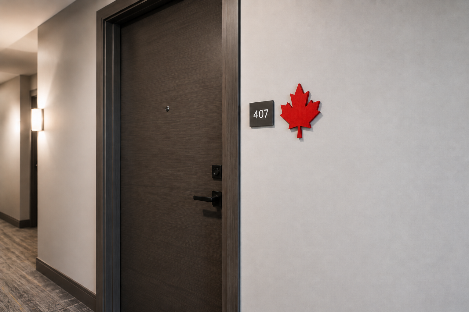 Small red Canadian pine maple leaf placed directly beside a condo address plaque
