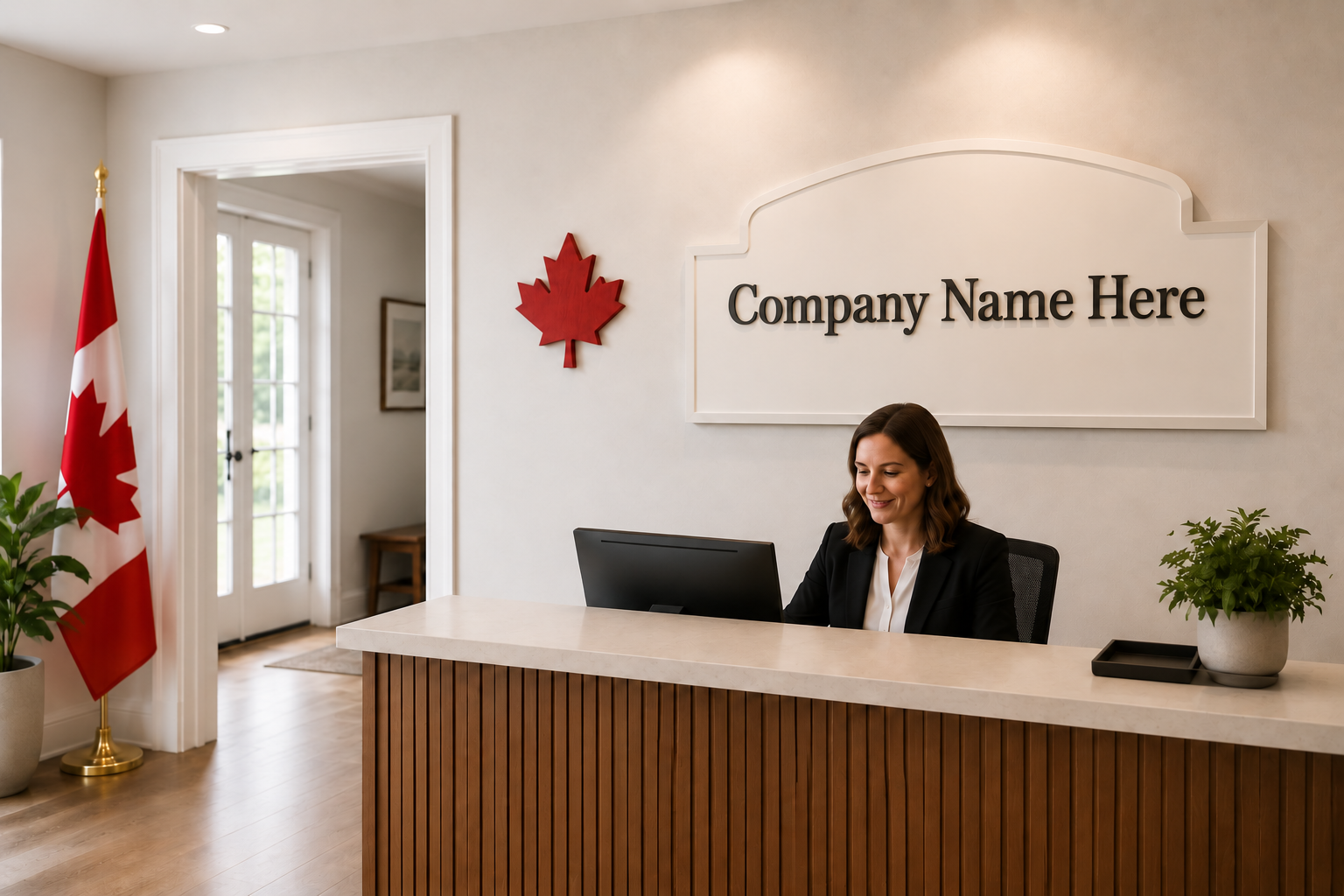 Red Canadian pine maple leaf beside a Company Name Here sign in a Canadian office reception area