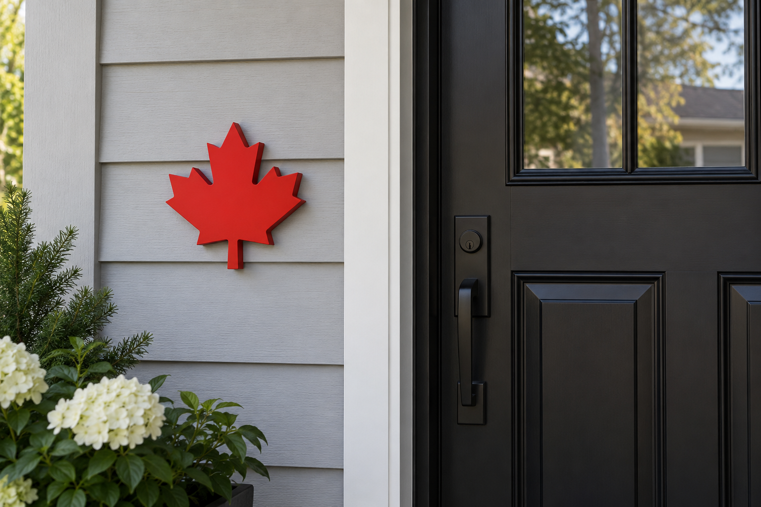 Eight-inch wooden maple leaf painted a smooth opaque solid Canadian red beside a black front door